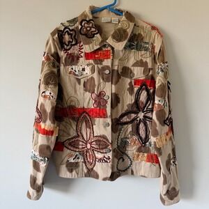 Bleu Bayou Womens Large Patchwork Floral Embroidered Cotton Jacket Boho Brown L